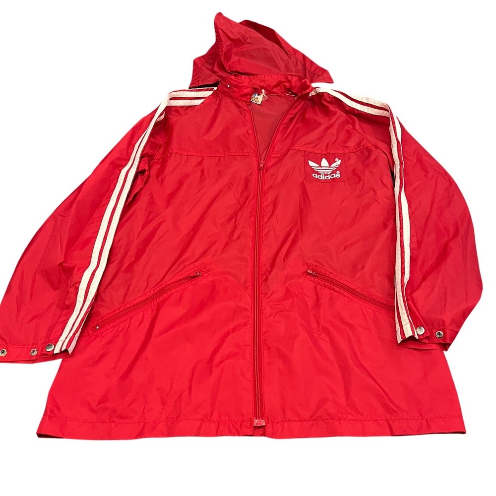 Adidas Windbreaker Jacket Womens 10 Red Vintage Trefoil Hooded 3-Stripe Zip Up